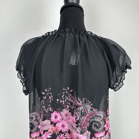 Chaudry KC Top Womens Small Black Sheer Pleated Loose Flowy Tropical Floral NEW - Picture 9 of 13